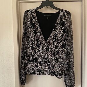 White House Black Market Floral V-Neck Blouse - Black and White